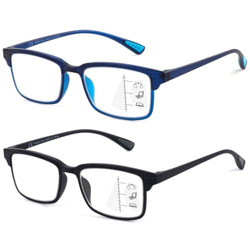 CARA 2 Pack Progressive Multifocus Reading Glasses, Flexible Lightweight TR90 Frame Blue Light Blocking Computer Readers, Workspace for Near Range (C1, 3.00)