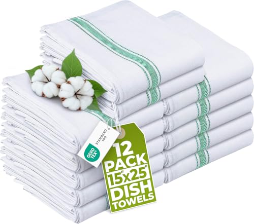 Utopia Towels Green Dish Towels [12 Pack - 15 x 25 Inches] 100% Ring Spun Cotton Highly Absorbent & Reusable Cleaning Bar, Tea, Kitchen and Dishcloths Set - 200 GSM