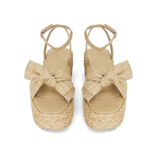 Image of DOEYG Raffia Platform Sandals for Women Comfortable Casual Adjustable Buckle Strap Summer Open Toe Woven Slingback Beach Sandals
