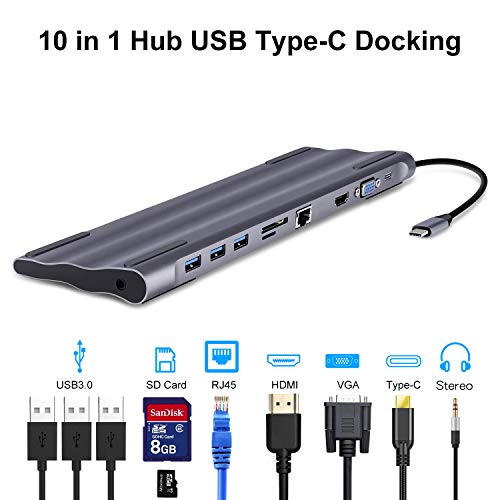 Image of Microware 11 in 1 USB C Hub with PD & Dual Displays Capability, 1000M RJ45 Ethernet, 4K HDMI, VGA, USB 3.0 Ports, Card Reader, Audio /Mic Port for Mack-Book, Surface Book, Chromebook
