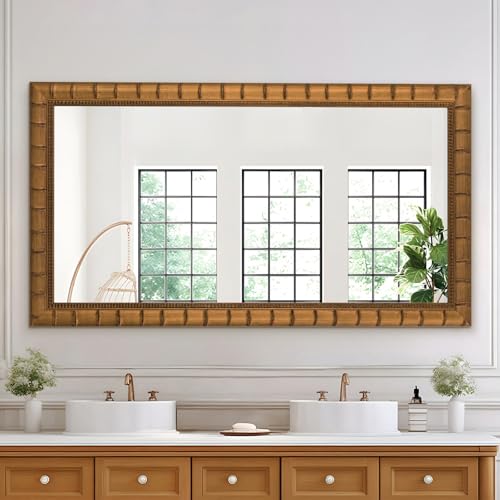 Image of Large Vintage Decorative Mirror for Wall, 53'' x 29'' Antiuqe Warm Gold Living Room Mirrors with Bamboo-Joint Frame, Classic Vintage Gold Wooden Mirror, Horizontal /Vertical