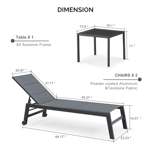Image of PURPLE LEAF Outdoor Chaise Lounge Set of 2 Aluminum Patio Lounge Chair with Wheels and Side Table Pool Chaise Lounge Chair for Outdoor Backyard Poolside Grey