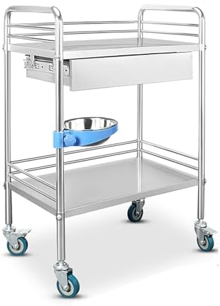 Stainless Steel Medical Cart for Labs, Hospitals & Spas - 2 Shelves & 1 Drawer, Mobile Dental Lab Trolley on Wheels, Durable & Versatile Cart for Offices & Beauty Salons
