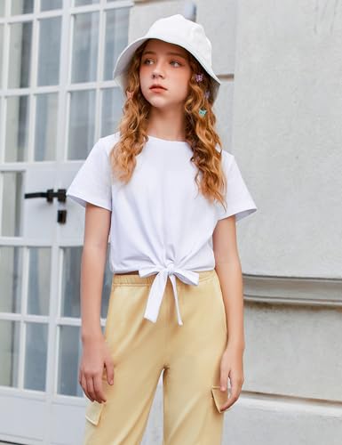 Image of Arshiner Girls 2 Piece Outfits Short Sleeve Tie Knot Front Tee Tops and Cargo Jogger Pants Set Kids Clothing Sets