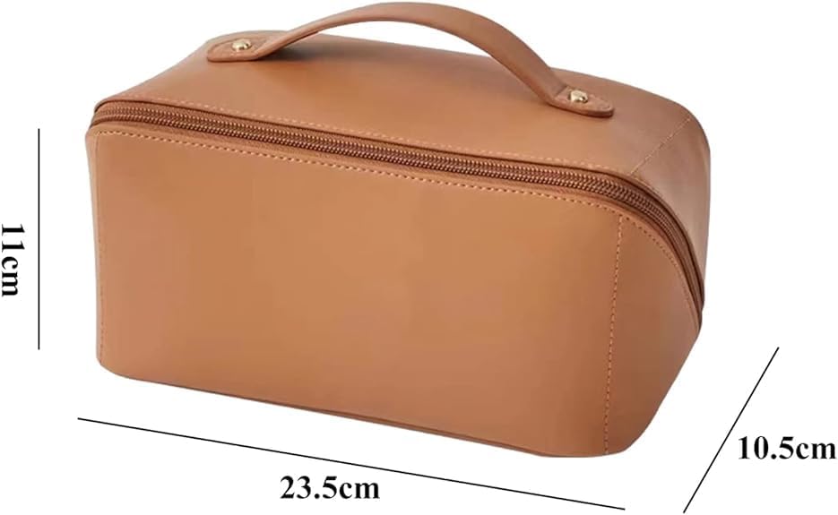 Large Capacity Waterproof Cosmetic Bag for Women – Travel Makeup Organizer with Divider, Handle, and PU Leather Material, Brown, Pouch