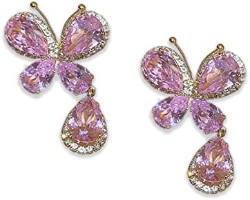 Sparkly Crystal Butterfly Earrings for Women Girls Pink Gemstone CZ Butterfly Stud Earrings with Teardrop Crystal Drop Butterfly Stud Earrings Crystal Rhinestone Dangle Drop Earrings Fashion Jewelry Gift Prom Party Dress Up Anniversary Birthday