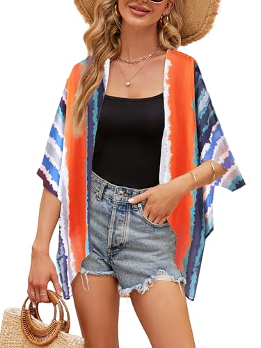 Image of Chunoy Women Summer Tie Dye Striped Open Front Beach Tops Chiffon Kimono Cover Up Lightweight Cardigan X-Large