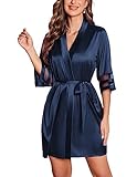 Ekouaer Women's Satin Robe Silk Kimono Bathrobe Bridesmaid Wedding Bridal Party Robes 3/4 Bell Sleeve Sleepwear Navy Blue Large