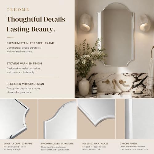 Image of TEHOME Chrome Scalloped Bathroom Mirror, Silver Irregular Bathroom Mirror, 24x40''