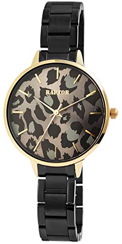 Raptor Damen-Uhr Edelstahl Armband Leo Print Animal Analog Quarz RA10186 (schwarz/goldfarbig)