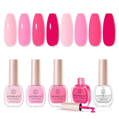 AZUREBEAUTY Hot Pink Nail Polish Set (4 Colors + Top Coat), Bright Solid Color Shades, Glossy Finish, Quick Dry Regular Nail Polish for Easy DIY Use