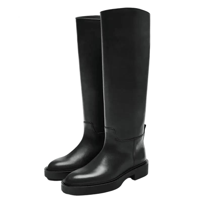 Womens Solid Genuine Leather Round Toe Square Low Heel Slip On Warm Knee High Motorcycle Boots