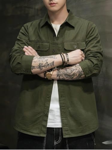 Image of SMOWKLY Men's Casual Shirt Jacket for Men | Lightweight 100% Cotton Overshirt | Full Sleeve Utility Shacket with Pockets | Stylish for Everyday Wear | Full Sleeve Button Down Shirt