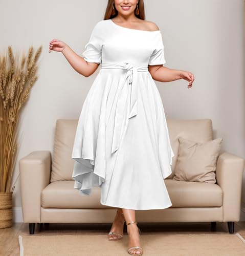 Image of Plus Size Women Wedding Guest Dress Off Shoulder Boat Neck Irregularly Flowy Midi Church Dress