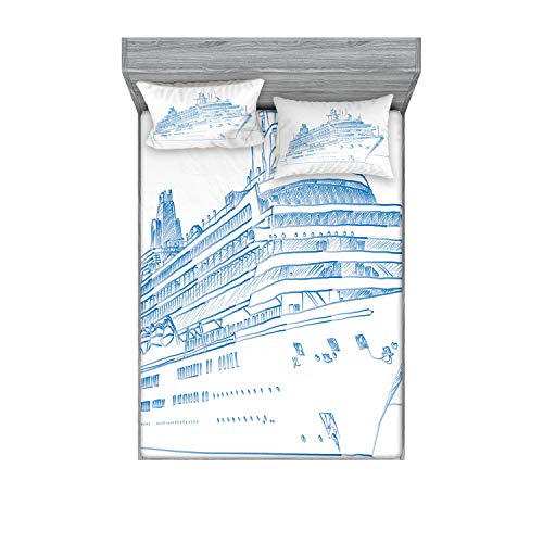 Ambesonne Marine Fitted Sheet & Pillow Sham Set, Hand Drawn Sketch Style Cruise Liner Ship Design Ocean Travel Transportation Holiday, Decorative Printed 3 Piece Bedding Decor Set, Queen, Blue White