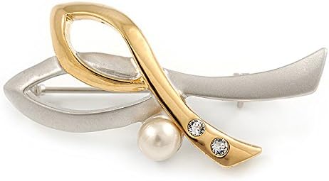 Two Tone Double Abstract Crystal with Faux Pearl Leaf Brooch - 45mm L, silver, white / ivory, gold - Image 3