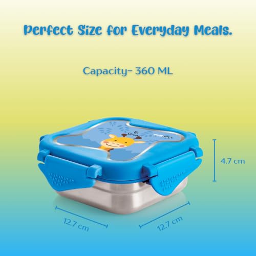 Image of STEELLOCK Smart Kids Stainless Steel Lunch Box, Leakproof & Airtight Tiffin Box for School Boys & Girls, BPA Free Food Grade with 4-Side Clip Lock | 360 ML | Blue, 3D /UV Print Giraffe
