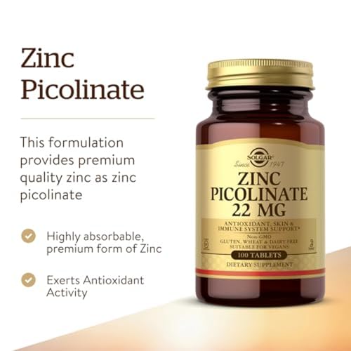 Image of Solgar Zinc Picolinate 22 mg, 100 Tablets - Promotes Healthy Skin - Supports Immune System, Normal Taste & Vision - Antioxidant - Non-GMO, Vegan, Gluten Free, Kosher - 100 Servings
