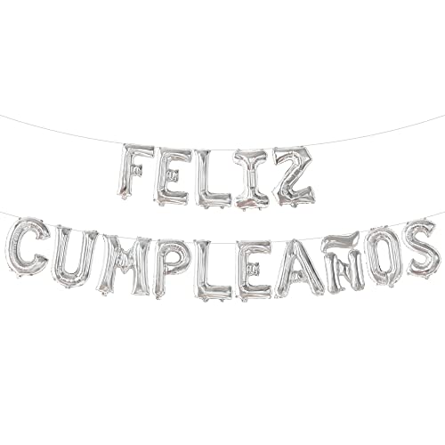 KatchOn Silver Feliz Cumpleanos Balloons Banner - 16 Inch | Silver Feliz Cumpleanos Banner for Feliz Cumpleanos Decorations | Mylar Happy Birthday Balloon Letters for Spanish Birthday Decoration