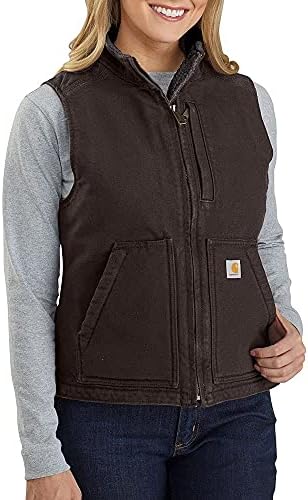 Carhartt Women's Relaxed Fit Washed Duck Sherpa-Lined Mock-Neck Vest, Dark Brown, Large
