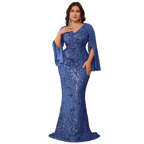 Image of Plus Size Formal Dresses for Women with Embroidery Sequin and Cape Sleeve, V-Neck Maxi Dress for Wedding and Party