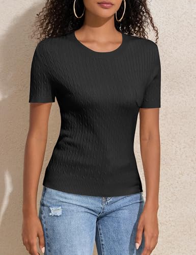 PrettyGuide Womens Short Sleeve Sweaters Shirt Crew Neck Lightweight Cable Knit Casual Dressy Tops2