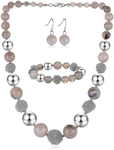 BULINLIN Chunky Beaded Silver Necklace Earrings Pearl Handmade Bracelet Set Statement Costume Fashion Jewellery Set Birthday Gifts for Women