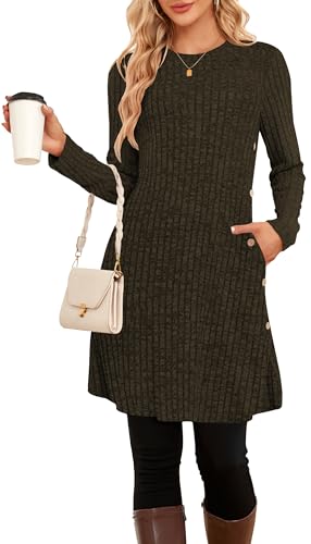 SENBATU Strickkleid Damen Langarm Kleider Pulloverkleid für Damen Tunika Kleid Winterkleid mit Knöpfen und Taschen(Einfarbig Dunkel Braun,Klein) EU...