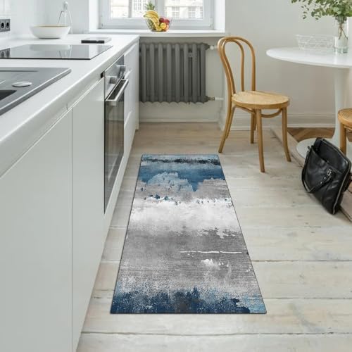 Alfombra lavable pasillo y dormitorio gris azul con base antideslizante 5
