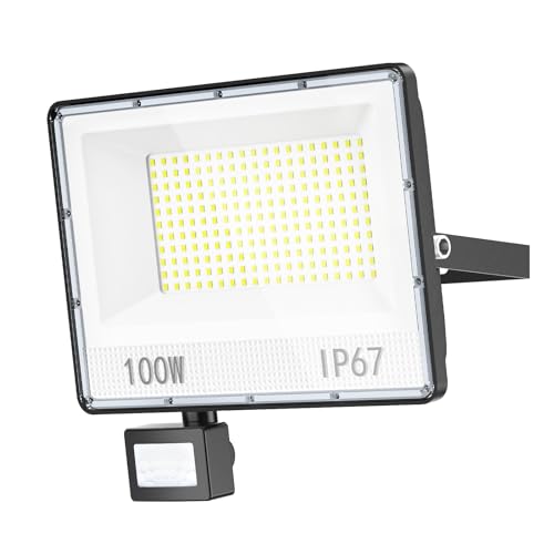 YIQIBRO 1 Pezzi 100W Faretto LED da Esterno con Sensore di Movimento, 10000LM 7000K Faro LED con Sensore di Movimento, IP67 Faro a LED con Sensore di Movimento per Cortile, Giardino, Garage