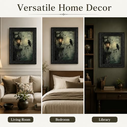 Black Framed Wall Art Gothic Raven Canvas Print Halloween Spooky Raven Crow Lantern Decor Picture Moody Dark Academia Artwork for Living Room Bedroom 12x16 inch - image 6