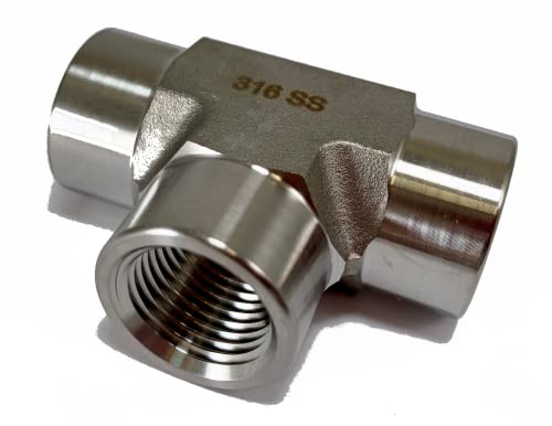 316 Stainless Steel 3/8” NPT Female Three Way Tee Joint - Taper Hex Thread for Air, Liquid, Water, Oil or Hydraulic Fitting - Industrial Air Tool Hose Pipe Connections 316SS