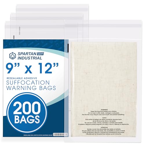 Spartan Industrial - 9 X 12 (200 Count) Self Seal Clear Poly Bags with Suffocation Warning for Packaging T Shirts - Resealable Glue