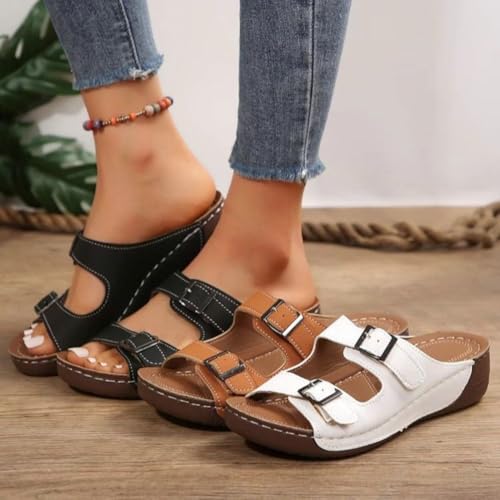 Comfy Low Wedges Leather Sandals for Women Elegant Summer Beach Slides Sandals with Double Adjustable Buckle4
