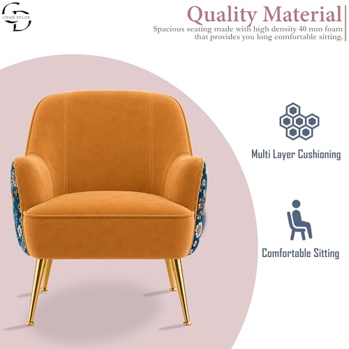 Image of Accent Chair with Ottoman | Modern Velvet Lounge Chair with Floral Designer Back | Upholstered Armchair for Living Room, Bedroom & Cafe | Golden Legs (Light Brown Floral)