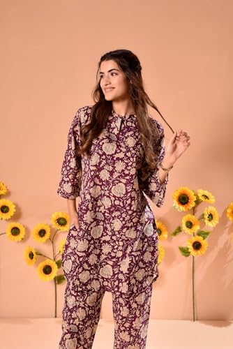 Image of NAINVISH Ethnic Cotton Blend Co Ord Set | Casual Wear Pant Top Set | Fancy Co-Ord Set | Full Pair Set | Women Kurta Sets Kurtis | Women Kurta Pant Set | Coord Sets for Women | Maroon Top Pant Set