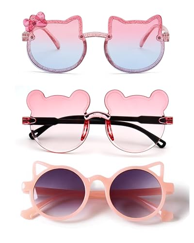 3-Pairs Girls Sunglasses Kids Cute Pink Kitty Lovely Cartoon Sunglasses Aged 3-12 UV400 Protection