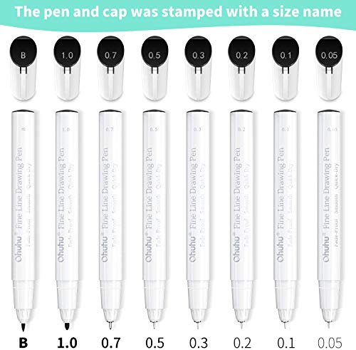 Ohuhu Fineliner Drawing Pen, Set of 8 Pack Ultra Fine Line, 8 Assorted Tip Sizes, 7 Fine Tip with a Brush Tip Black Ink for Markers Painting Card Writting
