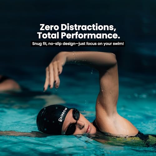 Image of Rainbow Silicone Swimming Cap for Men, Women & Kids | Stretchable Swim Cap for Long & Short Hair | Durable, Waterproof & Comfortable Fit - Black