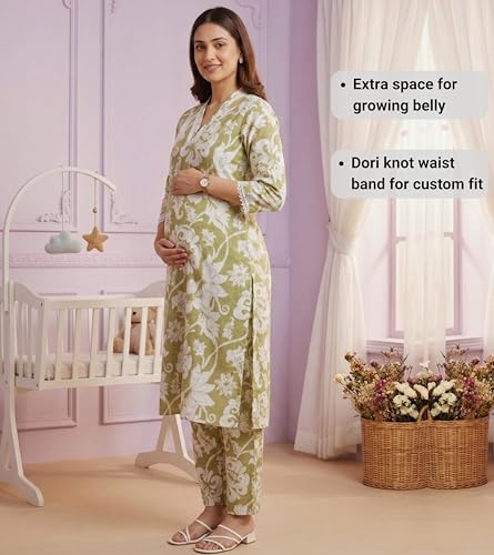 Image of DUMMY SHAPE Maternity Dresses for Women Cotton | Floral Kurta Pant Dupatta Set with Nursing Zippers, Side Pocket | Pre & Post Pregnancy | Feeding Kurti Suit | Baby Shower | Gifts for Pregnant Woman