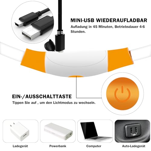 Nepfaivy Leuchthalsband Hund USB Aufladbar - Wasserdichtes Hundehalsband Leuchtend mit 3 Beleuchtungsmodi, Längenverstellbareres LED Halsband für Kleine, Mittlere und Große Hunde (Orange)