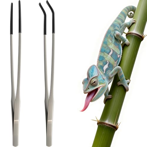 2 Pcs Extra Long Stainless Steel Reptile Feeding Tongs 10.6 IN with Soft Rubber Tip Straight & Curved Tweezers for Bearded Dragon Tank Accessories Lizards Terrarium Aquarium Leopard Gecko