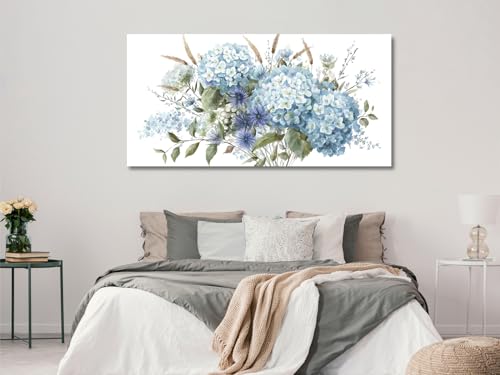 Image of VEAEE Flowers Canvas Wall Art - Blue Floral Canvas Pictures, Living Room Wall Decor, Blue Hydrangea Botanical Canvas Prints Painting Abstract Artwork Bedroom Office Kitchen Home Decoration 29 inchx 58 inch