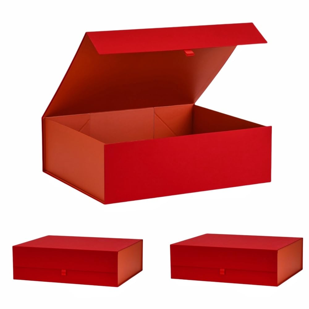 PLINJOY Extra Large Red Gift Box 3 Pack 19x16x6 Inches,Gift Boxs for Presents with Lid Magnetic Closure Collapsible,Bridesmaid Proposal Box,Birthday, Christmas,for Clothes and Large Gifts