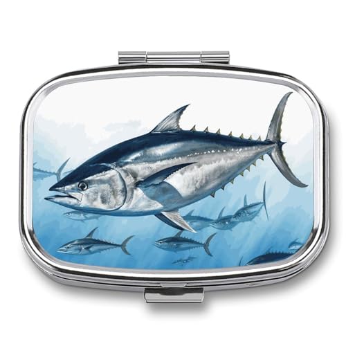 Bluefin マグロ Thunnus ピルボックス スモールメタルピルケース 財布またはポケット用 2コンパートメント ピルオーガナイザー かわいいトラベルピルボックス ポータブルピルコンテナホルダー ビタミン 魚油