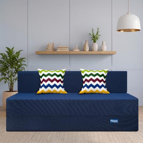 Image of Starlon 3 Seater Foldable Sofa Cum Bed 3-in-1 with 2 Waves Pattern Pillows, Washable Jute Fabric Cover, Space Saving Guest Bed, Royal Navy Blue 5x6.5 Ft
