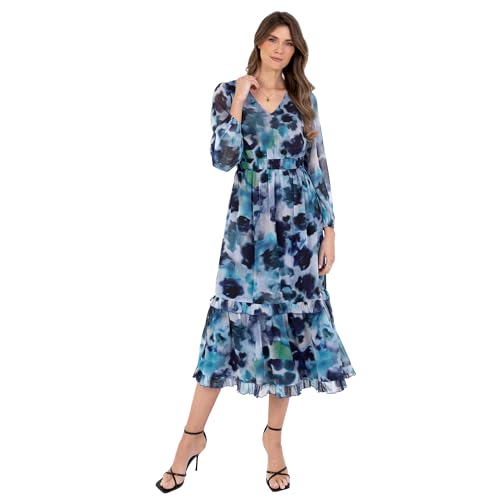 Robe midaxi imprimé floral abstrait à manches ballon et col en V pour femme