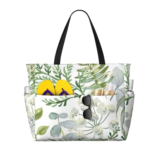 Grand sac de plage fougère verte, sac à bandoulière femme fourre-tout en tissu imprimé