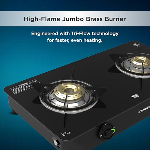 Image of Butterfly Bleu Ray 2 Burner Glass Top Gas Stove | Removable Drip Tray | Brass Burner Gas Stove with Tri‑Flow Jumbo Burner