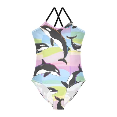Cute Cartoon Rainbow Orcas Jumping Girls One-Piece Swimsuit Beach Bathing Suit